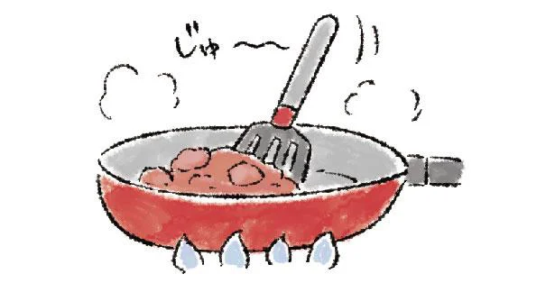 フライパンに残りのバター5gを入れ、鶏もも肉と玉ねぎを加え炒める