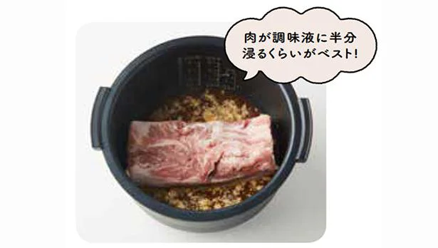 炊飯釡に調味料を混ぜ合わせ、豚かたまり肉を脂身を下にして入れる