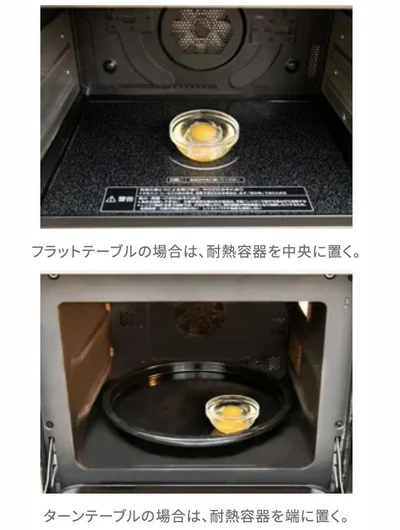  【電子レンジで加熱する】ラップはかけずに電子レンジに入れ、600Wで約45秒（500Wで約55秒）加熱する。※加熱は必ず1個ずつ行なってください。また、加熱の際にラップをかけると吹きこぼれの原因になるので絶対にかけないでください。加熱時間が足りない場合は、さらに5秒ずつ長く加熱する。加熱中は目を離さず、卵白の部分が全部白くなったら加熱を終了して取り出す。