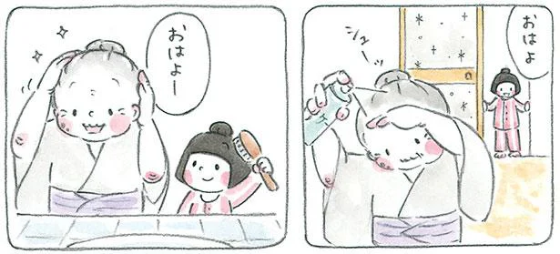 ふたりでにこにこ朝の支度。おばあちゃんのまねっこを楽しむ孫娘／梅さんと小梅さん（6）