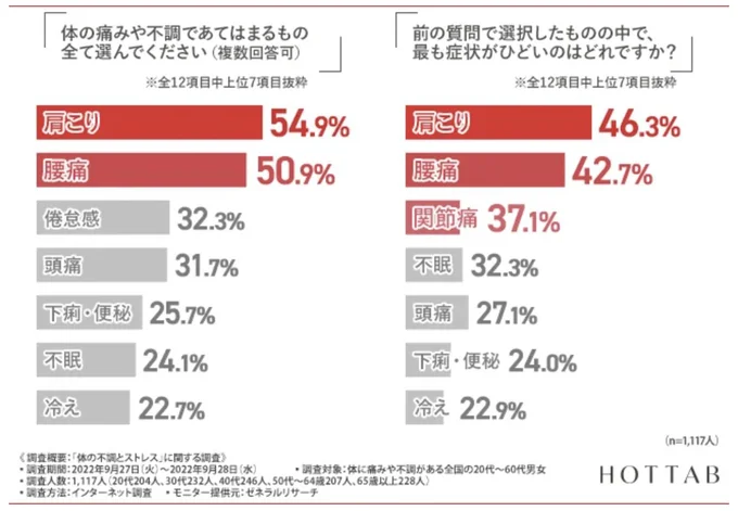 半数以上が「肩こり」を抱えており、体の不調やストレスの中で最も「肩こり」がひどい方は46.3％