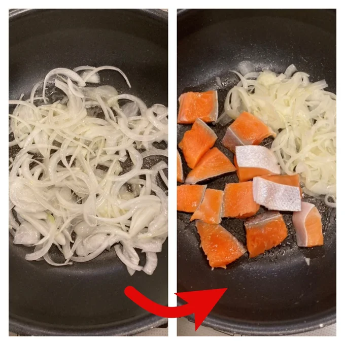 バターを熱したフライパンで玉ねぎを炒めたら、鮭を投入!