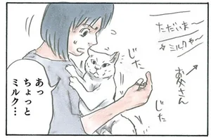 大人しく爪を切ってもらっていた猫。お父さんが帰ってきたら態度急変!?／拾い猫のモチャ4（3）