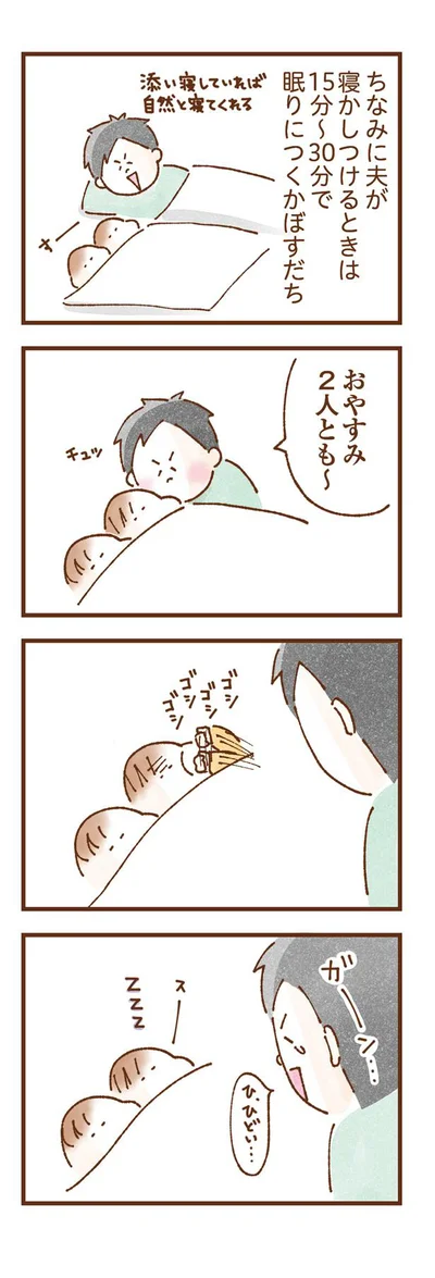 夫の寝かしつけの時の双子の寝付きの速さ