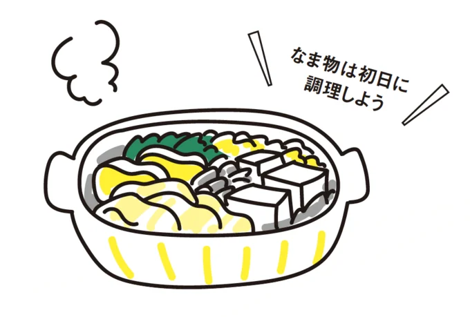 なま物は初日に調理を。洗い物の節水のためにも、鍋1つでできる寄せ鍋がおすすめ
