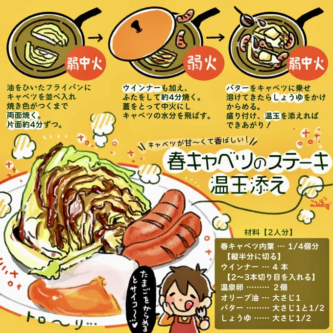 キャベツが甘~くて香ばしい!「春キャベツのステーキ温玉添え」