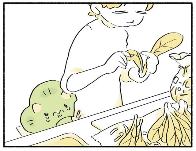 恐竜の赤ちゃんもあと追い？ご飯を作りにキッチンへ行ったら足元でしがみつき！／恐竜はじめました（2）