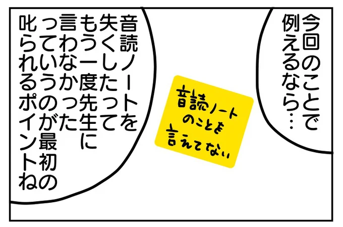 今回は、音読ノートをなくしたことを再度伝えなかったことが叱られるポイント