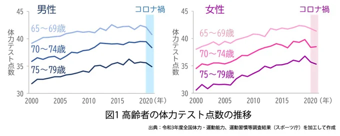 高齢者の体力テスト点数の推移を表したグラフ