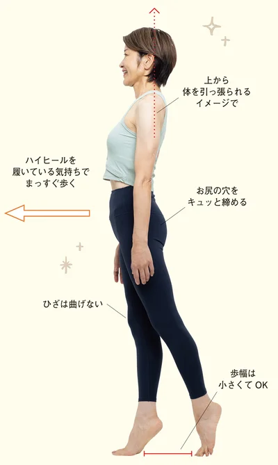 ハイヒールを履いている気持ちでまっすぐ歩く
