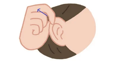 【 パー 】親指と人さし指で耳の上の端をつかみ、外側に向けて引っ張る。