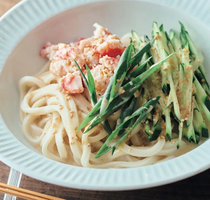 2種のごまにだしをきかせて「かにかまごまだれうどん」