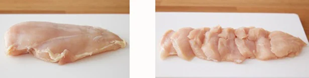 そぎ切りにすることで1枚肉で食べるよりもボリュームアップ!