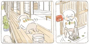 「今ふいたばっかりなのに！」朝の掃除に励むじいちゃんと気ままな猫
