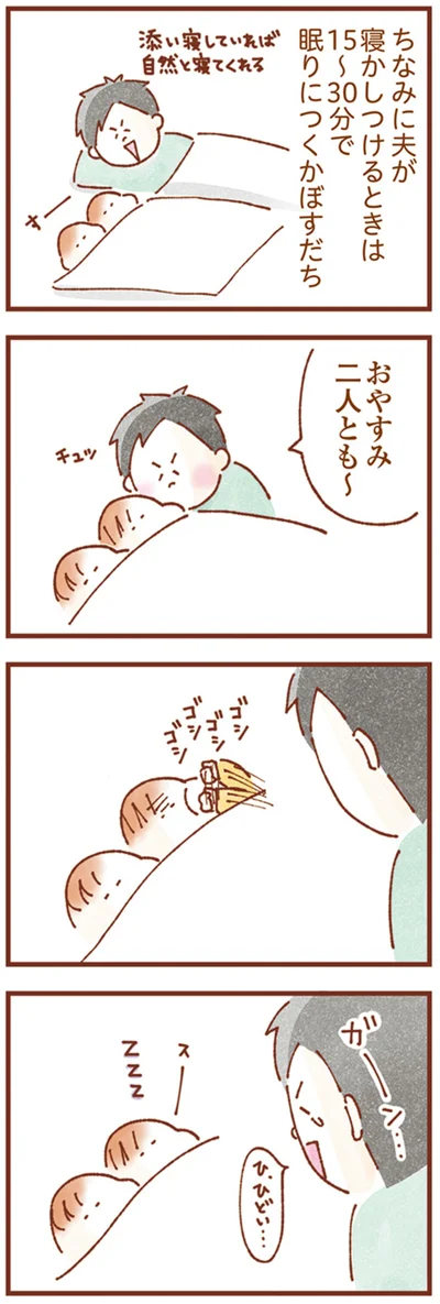 夫の寝かしつけの時の双子の寝付きの速さ
