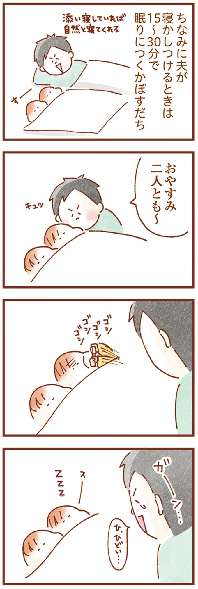 夫の寝かしつけの時の双子の寝付きの速さ