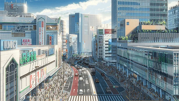 瀧といれかわった三葉が、憧れの東京を目にして喜ぶシーンの新宿駅南口