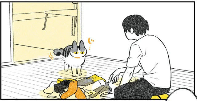 ひとりで楽しくなってるな。突然スイッチが入って洗濯物と戯れる猫／じじ猫くらし2（3）