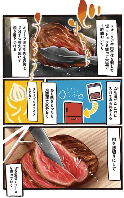 フォークで牛肉全体を刺して…