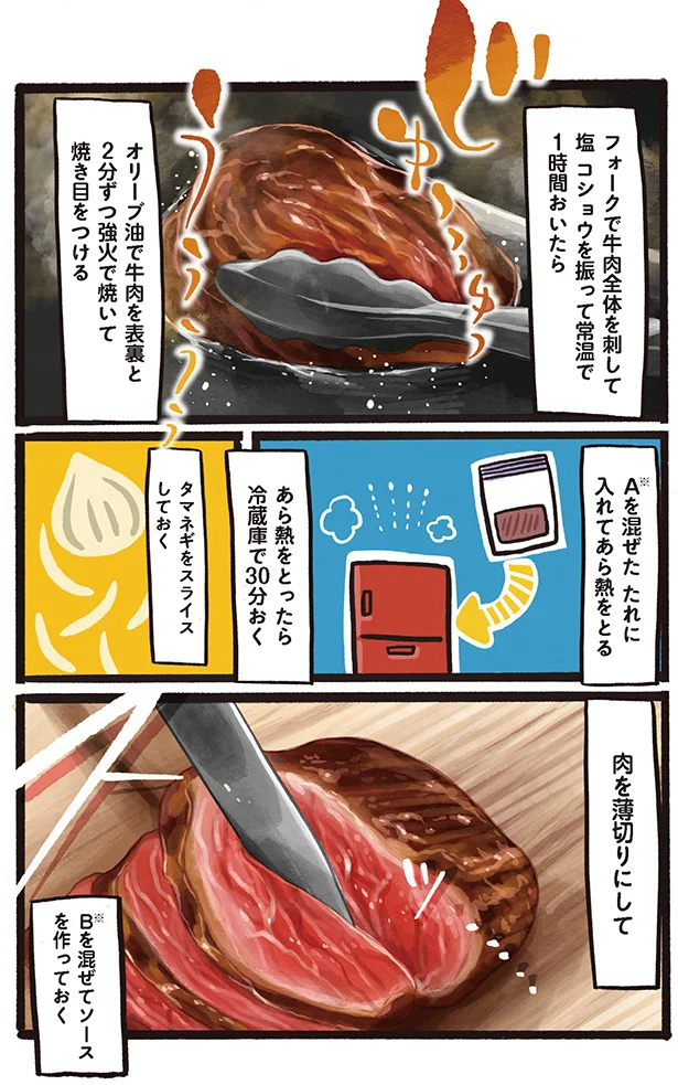 フォークで牛肉全体を刺して…