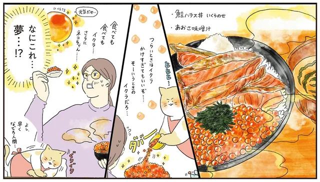 ツラい時はかけすぎてもいい！猫が伝授する「鮭ハラス丼いくらのせ」／疲れた人に夜食を届ける出前店2（2）
