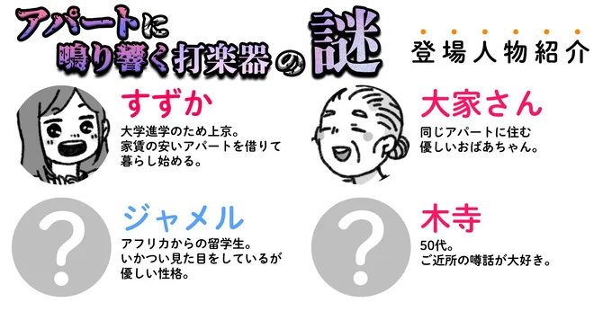 登場人物紹介　アパートに鳴り響く打楽器の謎