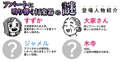 登場人物紹介　アパートに鳴り響く打楽器の謎