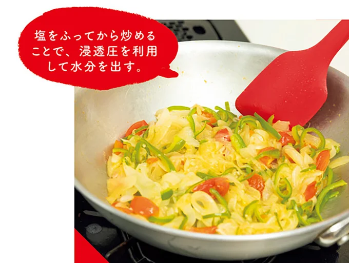 塩をふってから炒めることで、浸透圧を利用して水分を出す