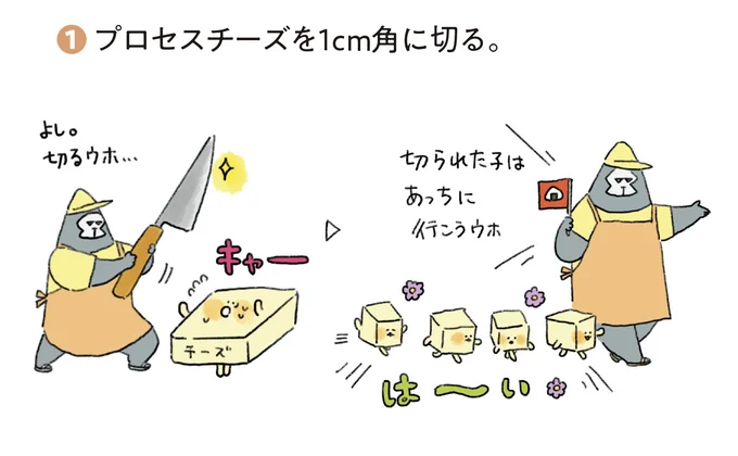 作り方１：プロセスチーズを１cm角に切る。