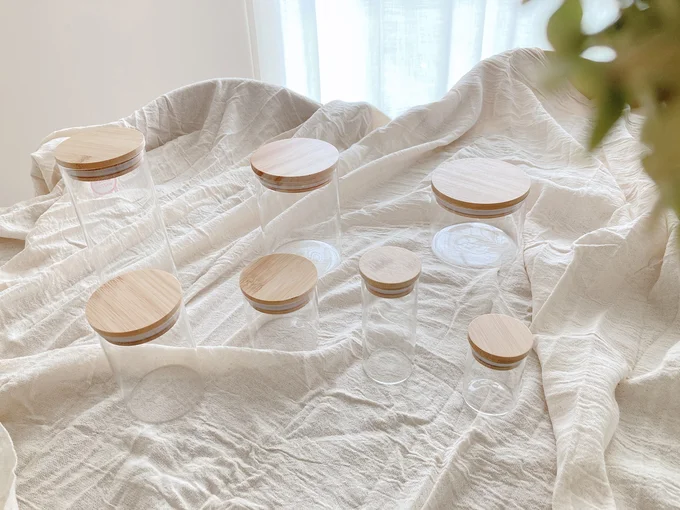 7サイズ展開の「ガラスキャニスター(竹蓋付)」