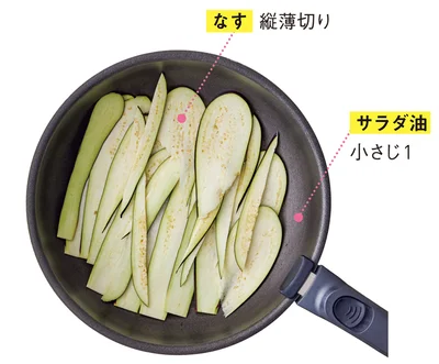 フライパンに油を引き、なすを全体に敷き詰める