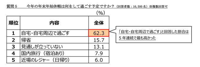 ５． 今年の年末年始休暇は何をして過ごす予定ですか？