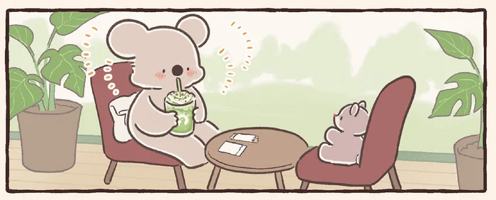 緊張しながら注文したドリンク。無事上手に頼めたようでホッとしたコアラ／コアラ絵日記3（3）