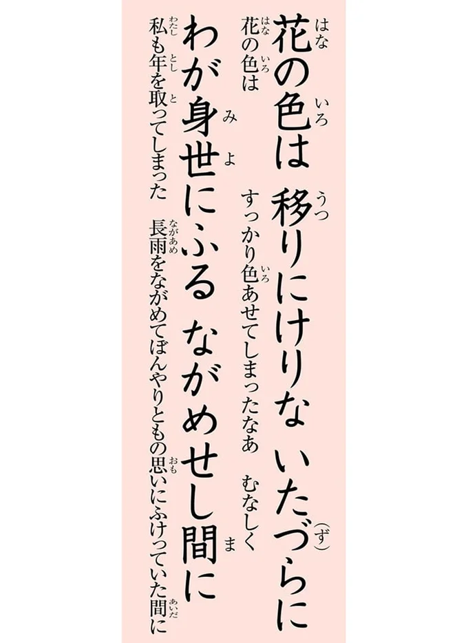 花の色は　移りにけりな　いたづらに　わが身世にふる　ながめせし間に