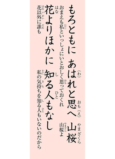 もろともに　あはれと思へ　山桜　花よりほかに　知る人もなし