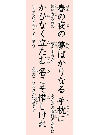 春の夜の　夢ばかりなる　手枕に　かひなく立たむ　名こそ惜しけれ