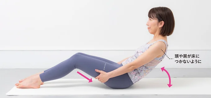 骨盤を徐々に後傾させて、腰椎まで床につけていく