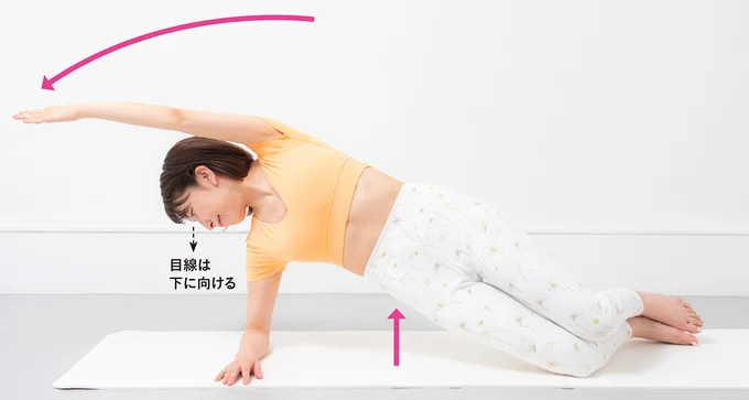 息を吐きながら骨盤をより天井側に上げて、腕は頭側に倒す