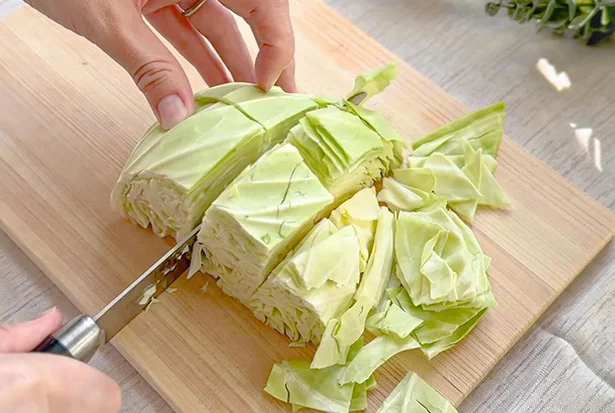 キャベツをざく切りにする▶材料はどんなボウルに入れるのが良い?(⇒次へ)