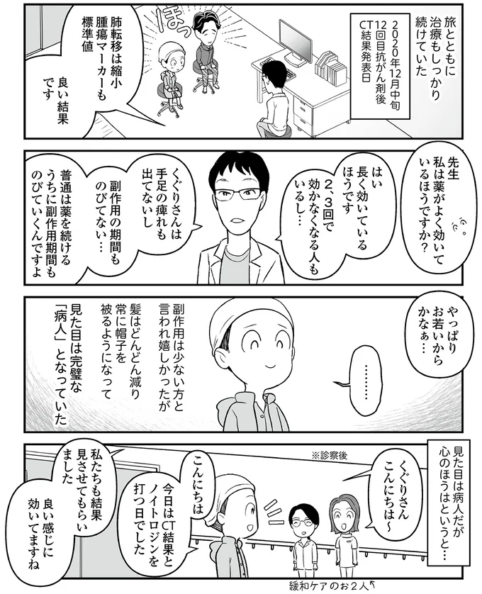 『痔だと思ったら大腸がんステージ4でした〜標準治療を旅と漫画で乗り越えてなんとか経過観察になるまで〜』より