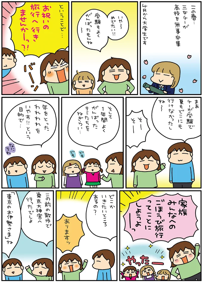 家族みんなへのごほうび旅行ってことにしようよーっ