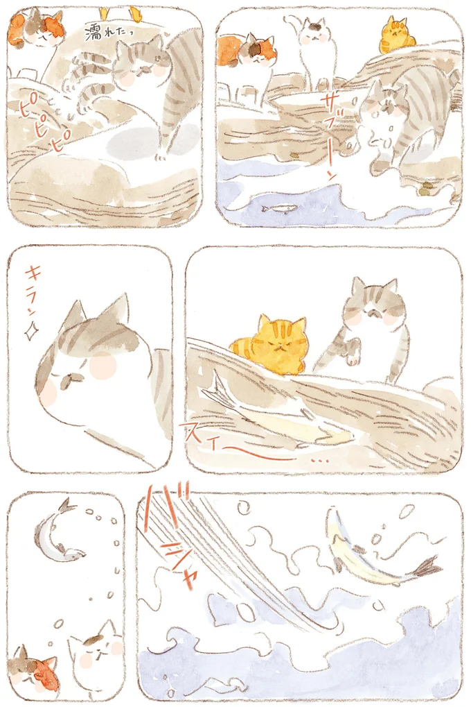 釣れた魚を見る猫