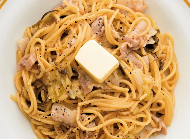 めんつゆと塩昆布の和風テイストにほっとする「ねぎ豚和風パスタ」