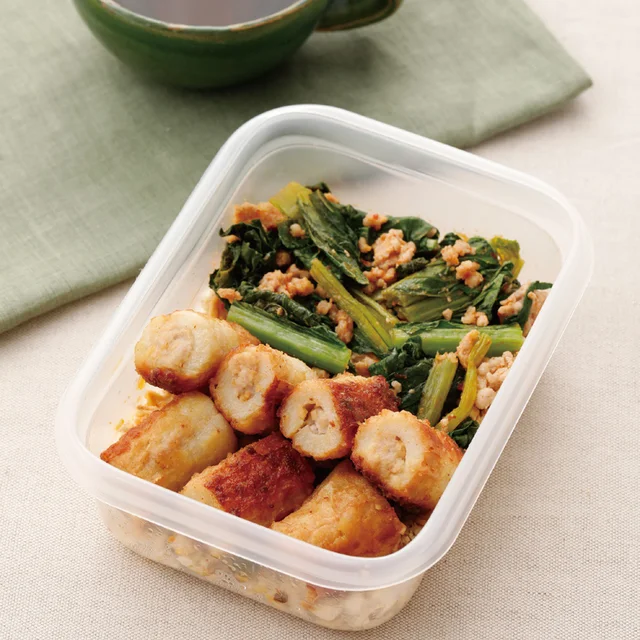 ちくわの中にひき肉をイン。作るのも食べるのも楽しい「ちくわのから揚げ弁当」／糖質オフのハマるやせ弁365（12）