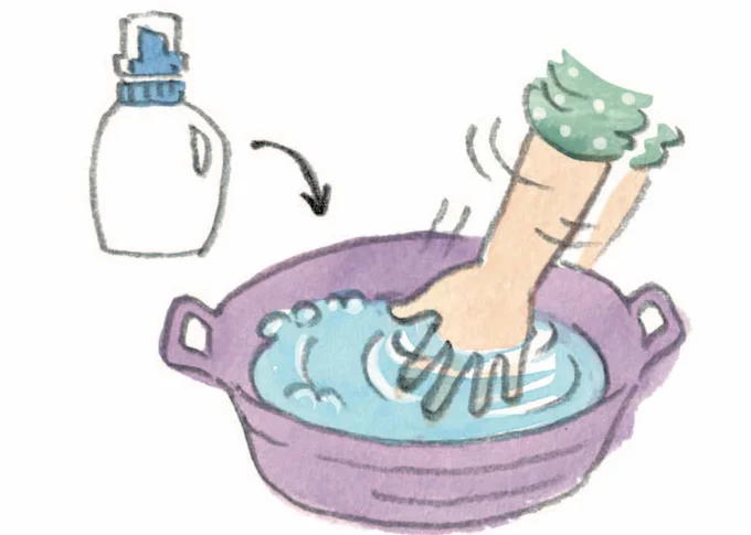 洗剤と湯を混ぜて洗剤液を作る