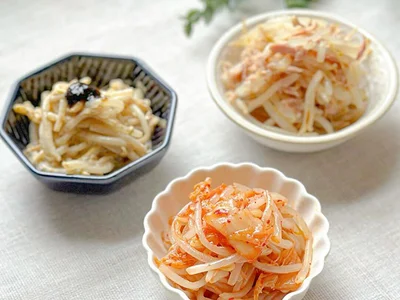 おつまみにも◎「ツナぽんもやし」「キムもやし」「極み和え」の完成！