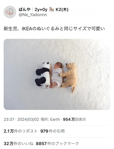 生後半月の赤ちゃんとぬいぐるみたち。サイズもポーズもぴったりで尊すぎる！▶︎次はこの赤ちゃんの生まれたばかりの様子へ！（⇒次へ）