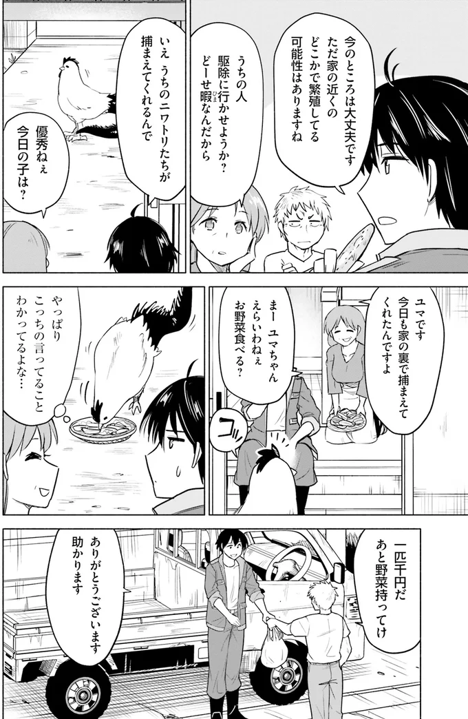ニワトリたちが捕まえてくれるんで