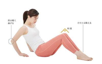 座った状態から両手を床に置き、両足を閉じて膝は90度に曲げる