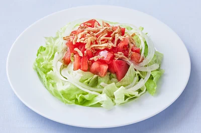 レタスとトマトとフライドオニオンのサラダ